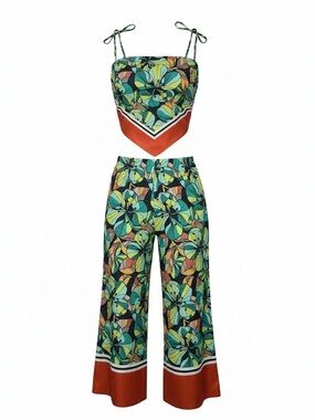 Tropical Floral Wide-Leg Two-Piece Set